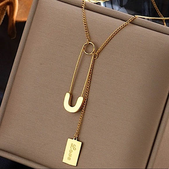 Safety Pin Gold Plated Love Necklace - Picture 2 of 14